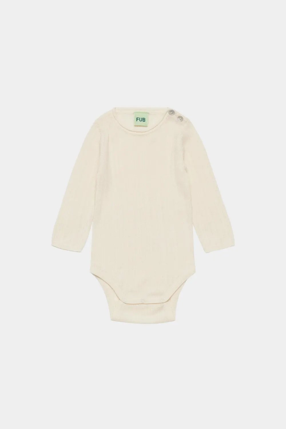 FUB rib merino baby bodysuit, écru, long sleeves, snap crotch