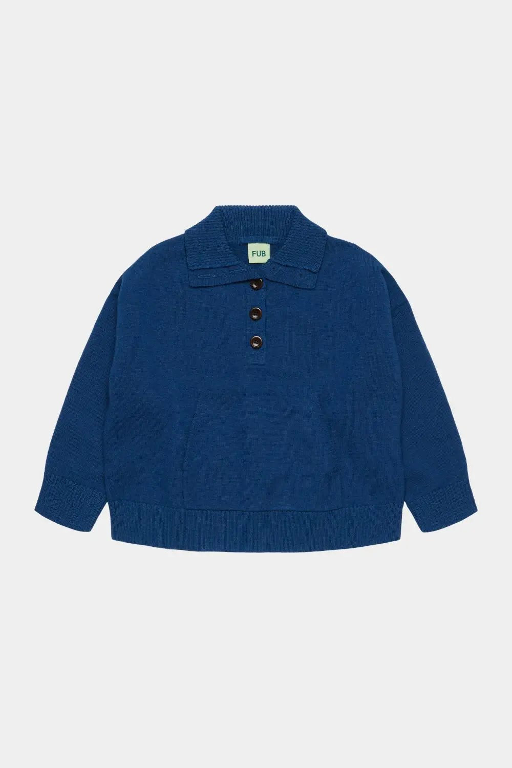 Pull col boutonné en mérinos deep indigo; maille bleue avec boutons marron, étiquette FUB