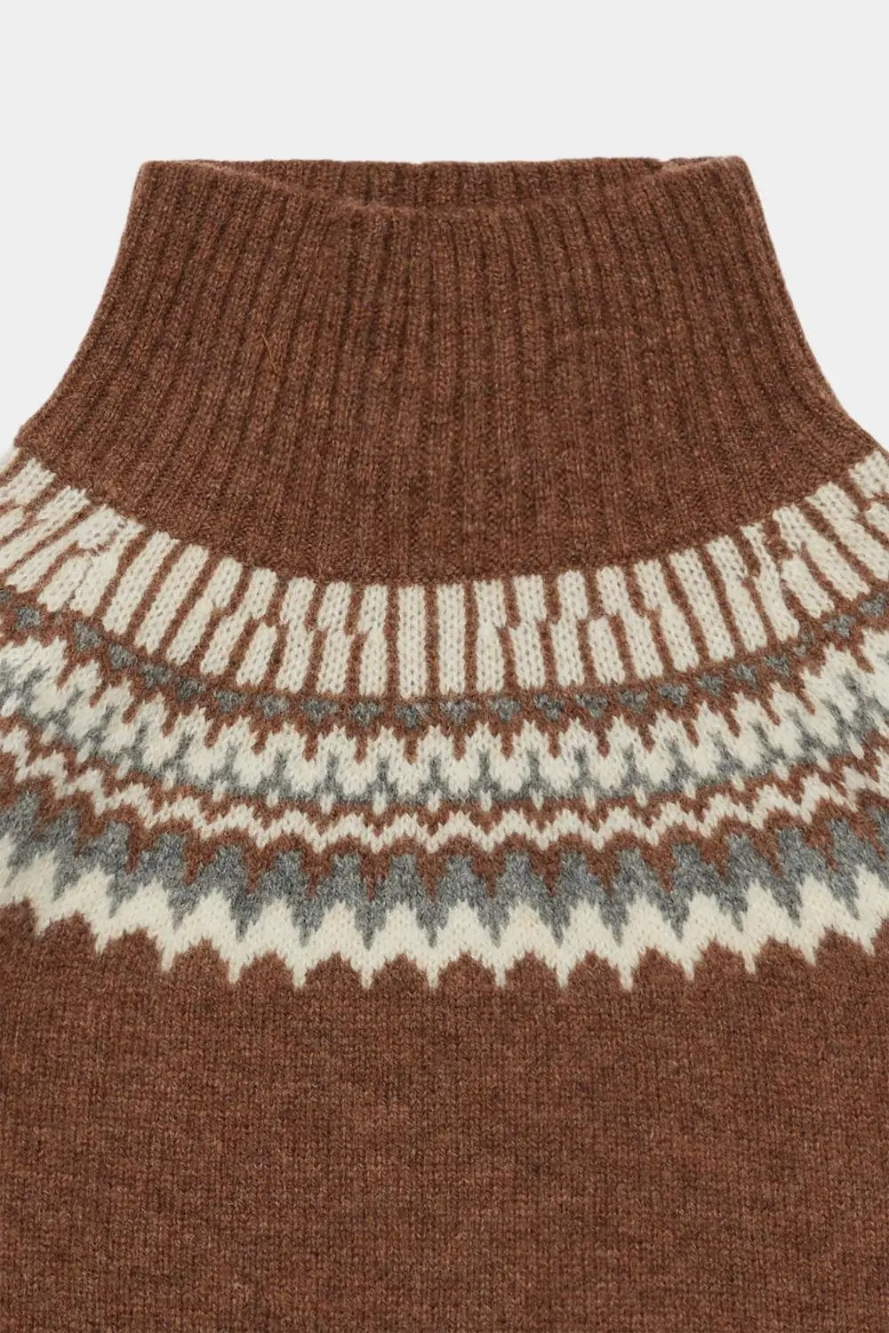 FUB wool Fair Isle turtleneck sweater in hazel melange with brown base and cream-grey yoke pattern.