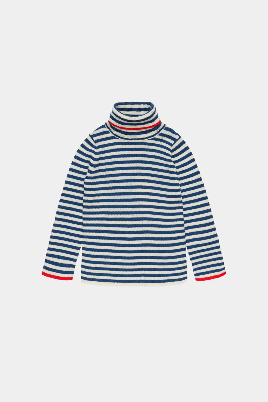Pull col roulé en mérinos, rayé bleu marine et écru avec touches rouges, Citron Grenadine