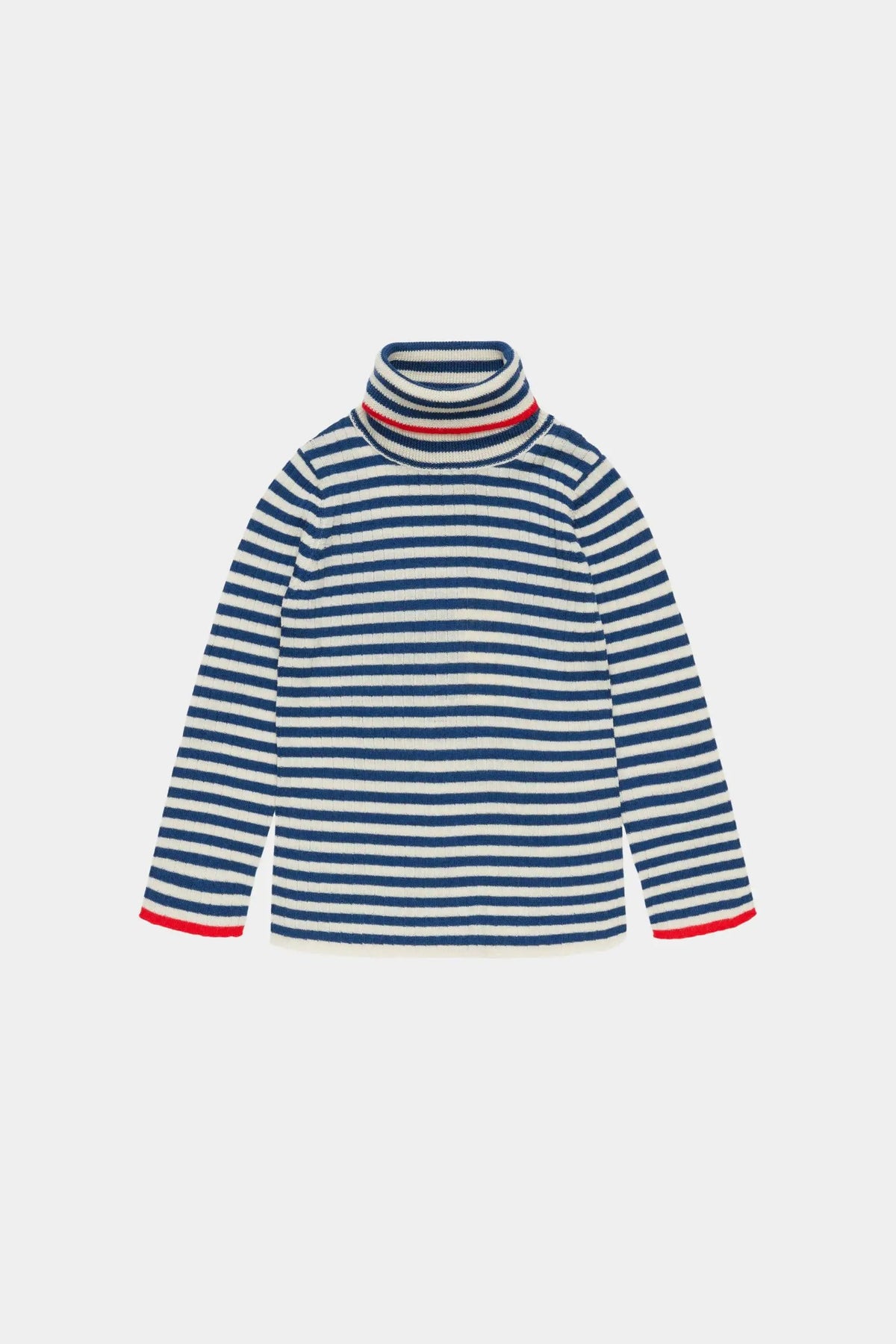 Pull col roulé en mérinos, rayé bleu marine et écru avec touches rouges, Citron Grenadine