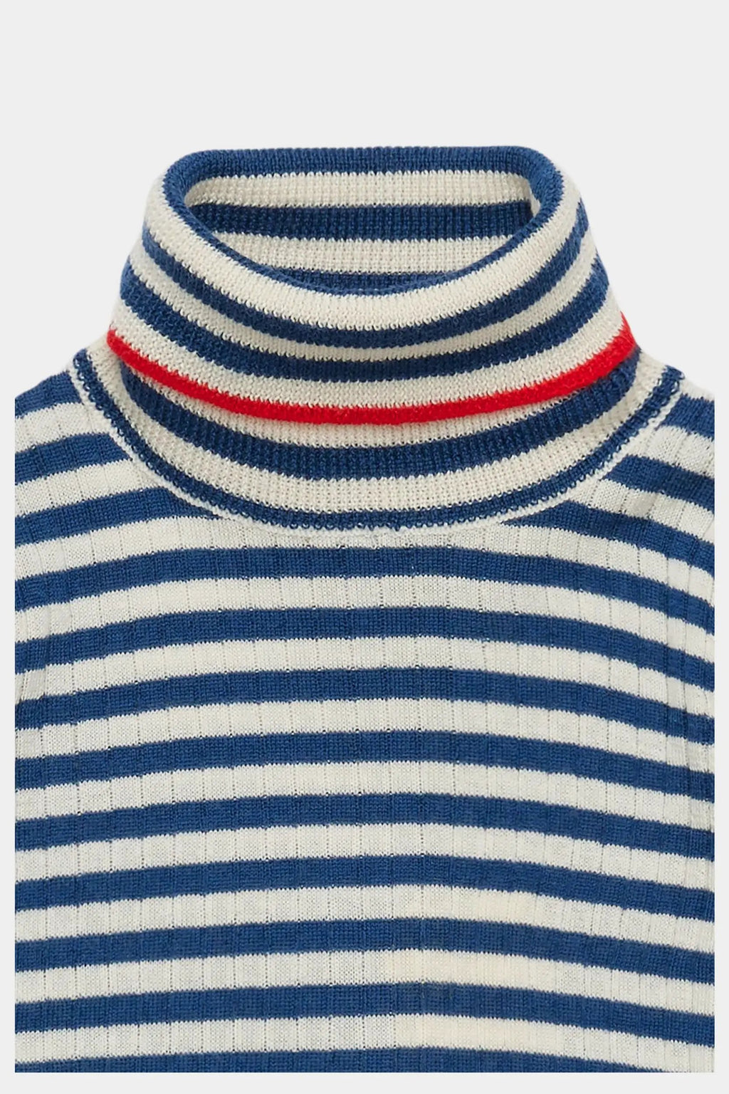 Merino roll-neck sweater by Citron Grenadine; ecru and deep indigo striped knit with a red stripe accent