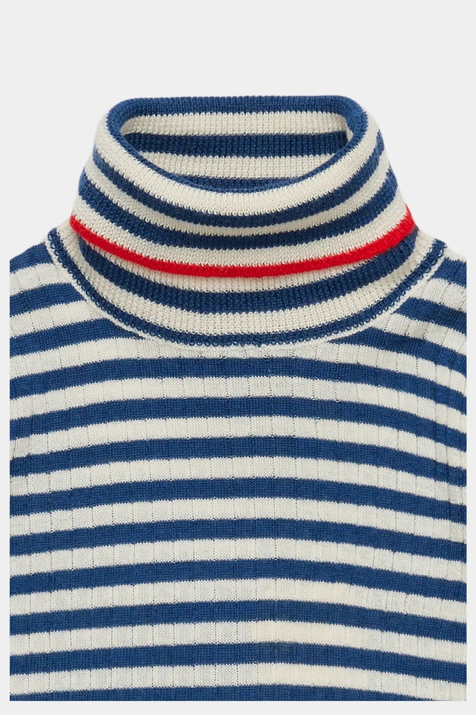 Merino roll-neck sweater by Citron Grenadine; ecru and deep indigo striped knit with a red stripe accent