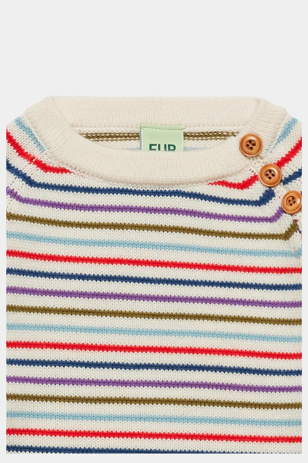 FUB pull en merinos anniversary stripe; cream knit with multicolor stripes and brown shoulder buttons, Citron Grenadine.