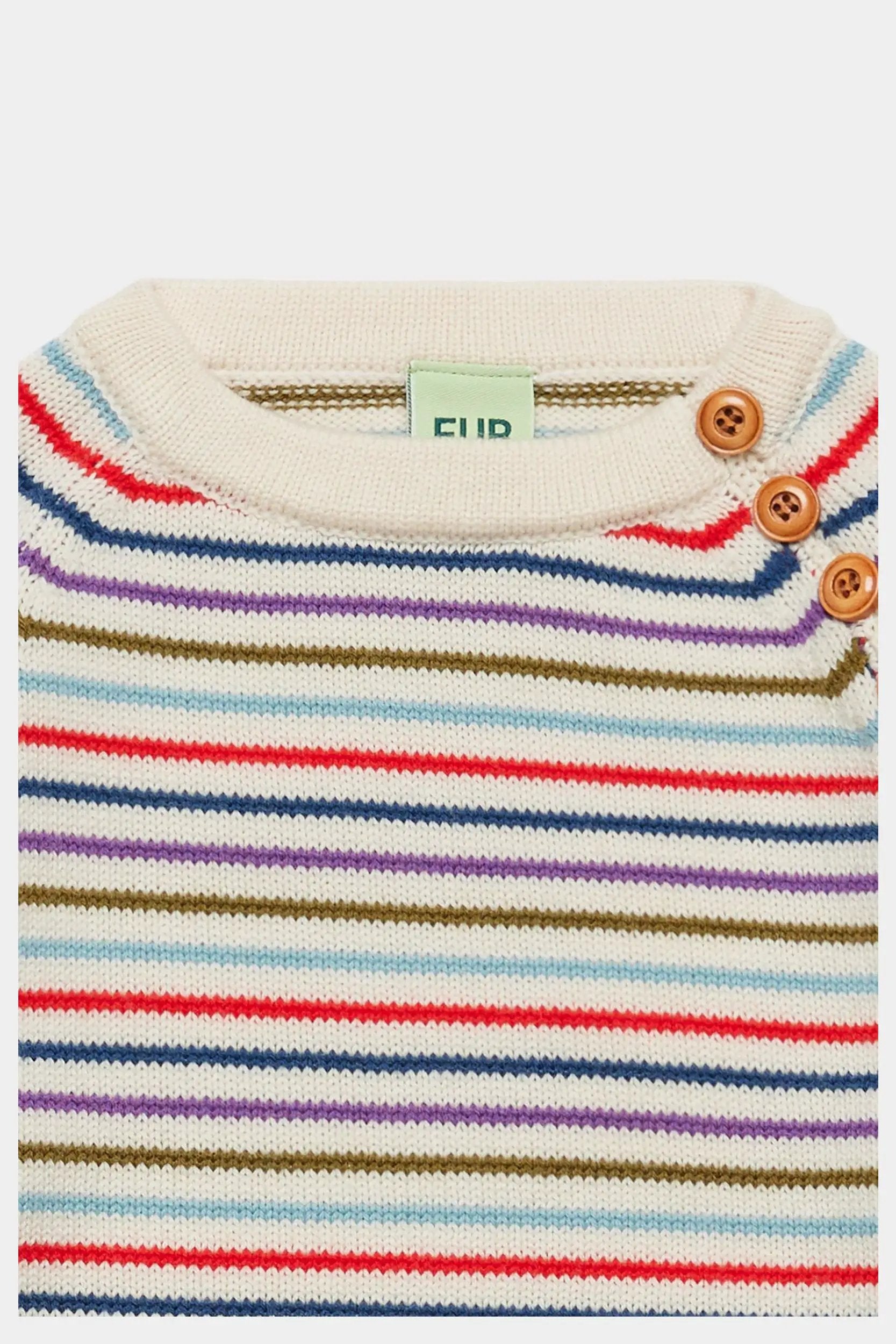 FUB pull en merinos anniversary stripe; cream knit with multicolor stripes and brown shoulder buttons, Citron Grenadine.