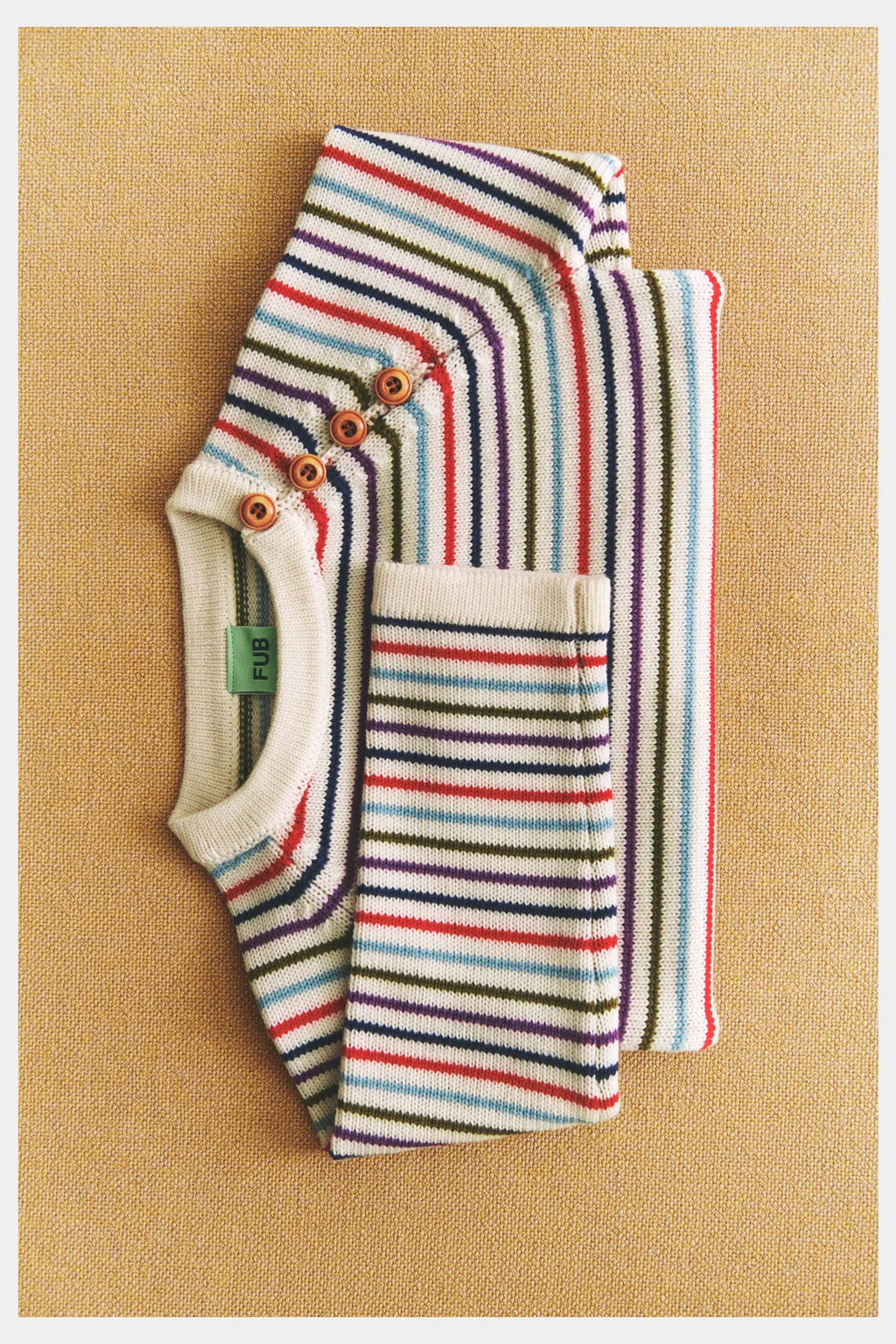 Pull en merinos FUB anniversary stripe, multicolore rayé, boutons marron sur la manchette