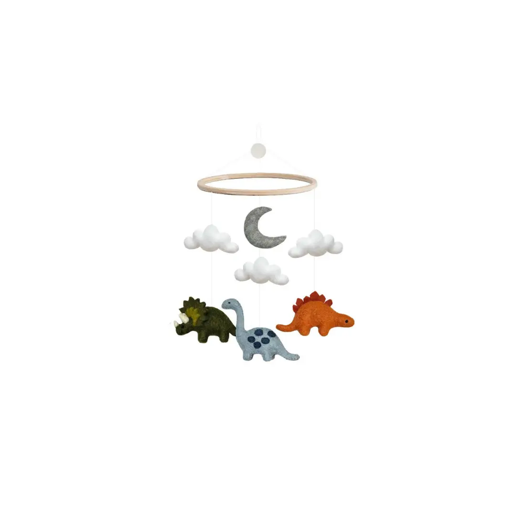 GAMCHA mobile / dinosaures pour berceau, bois clair et nuages blancs, 3 dinosaures.