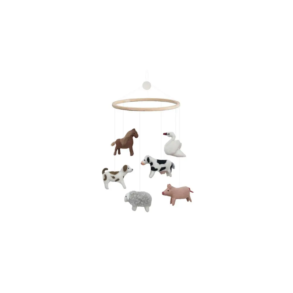 GAMCHA mobile for crib with six felt farm animals hanging from a wooden hoop