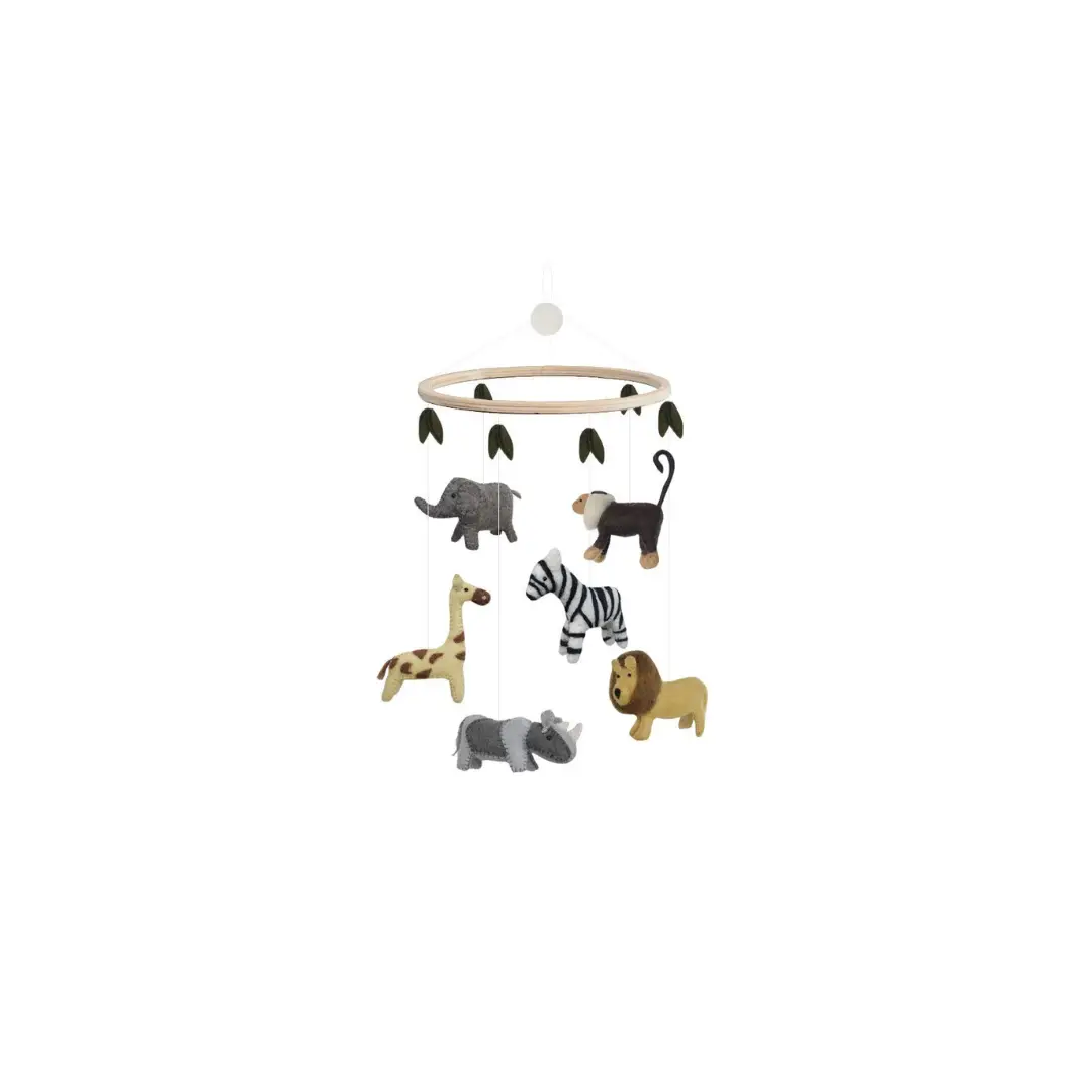 GAMCHA safari crib mobile with felt animals hanging from a wooden ring