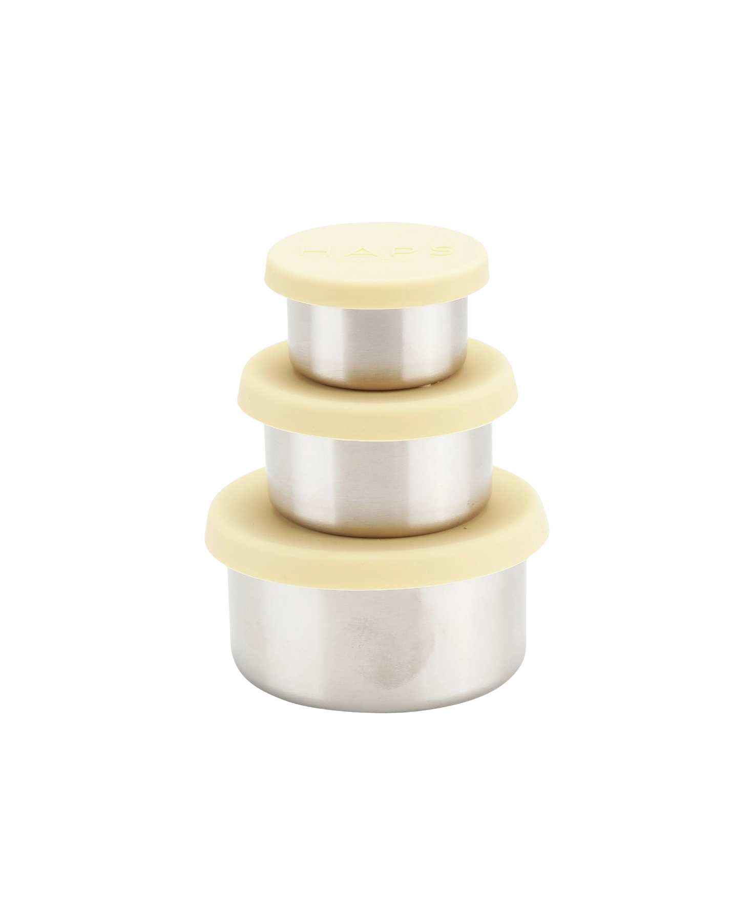 HAPS NORDIC trio S sun light stainless steel food storage containers with yellow lids, stackable set