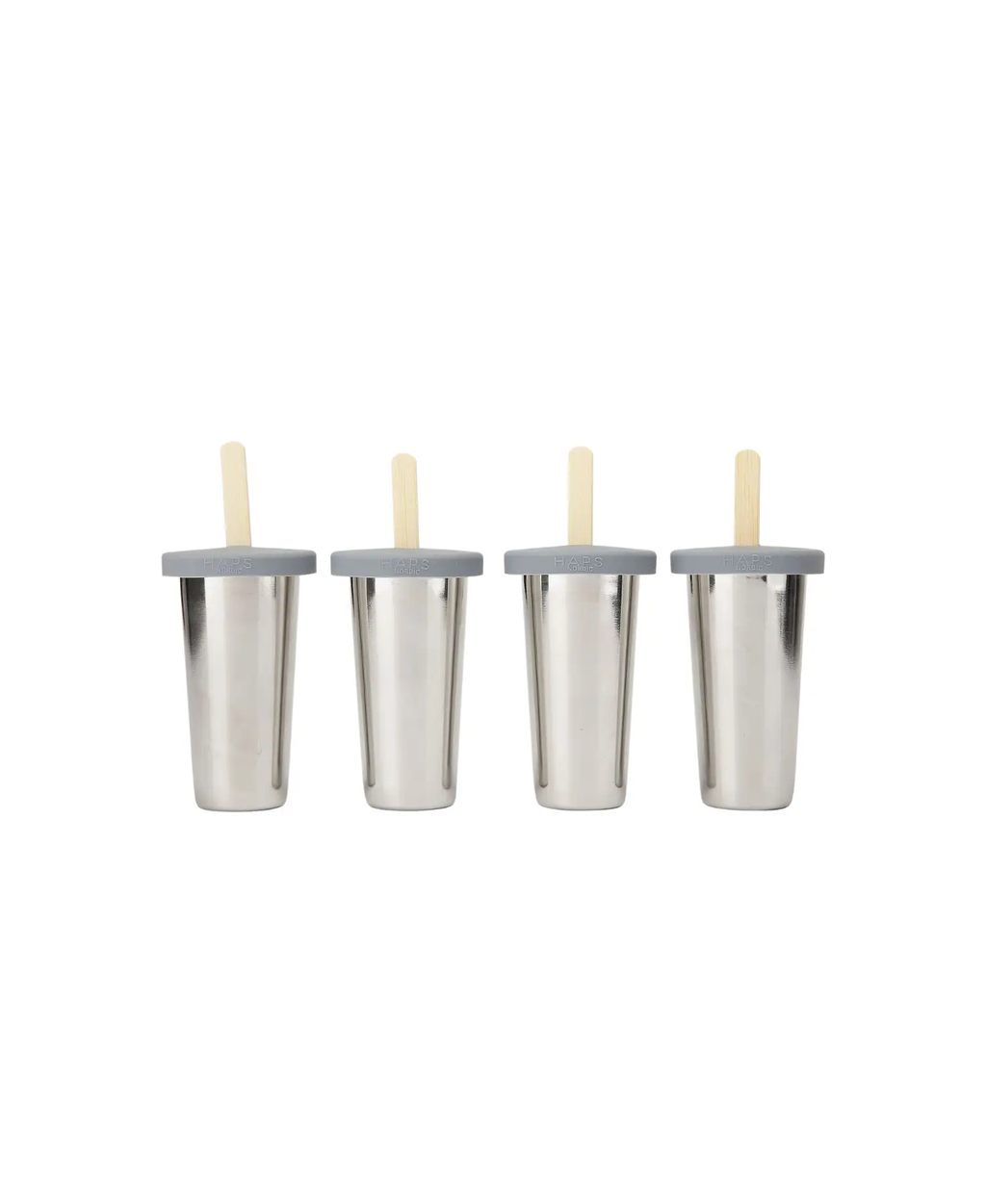 4 HAPS NORDIC ice lolly moulds with grey lids, stainless steel bodies and wooden sticks