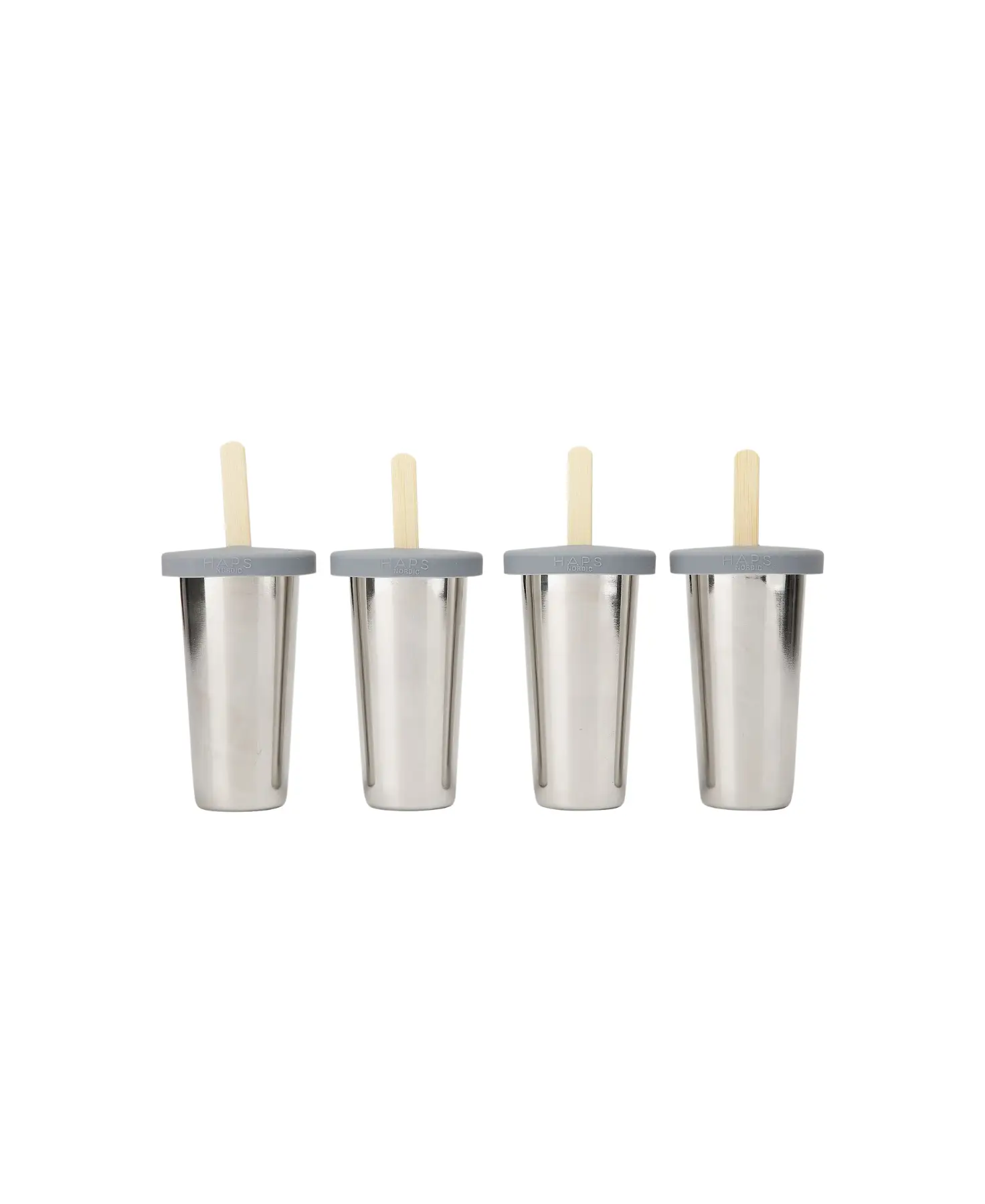 4 HAPS NORDIC ice lolly moulds with grey lids, stainless steel bodies and wooden sticks