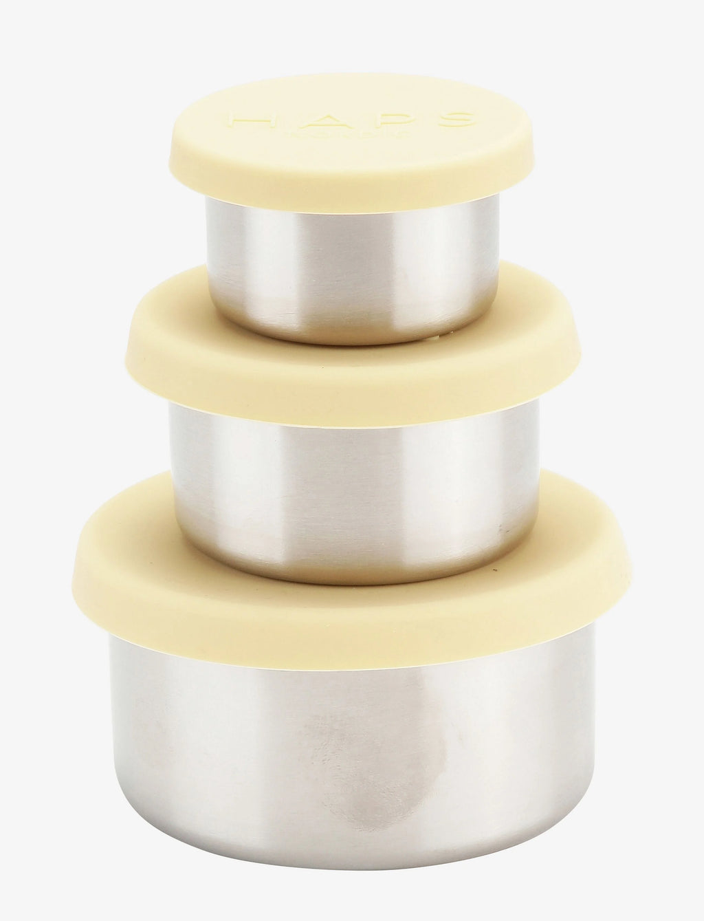 HAPS NORDIC trio S sun light storage containers; 3-pack with stainless steel bodies and pale yellow lids