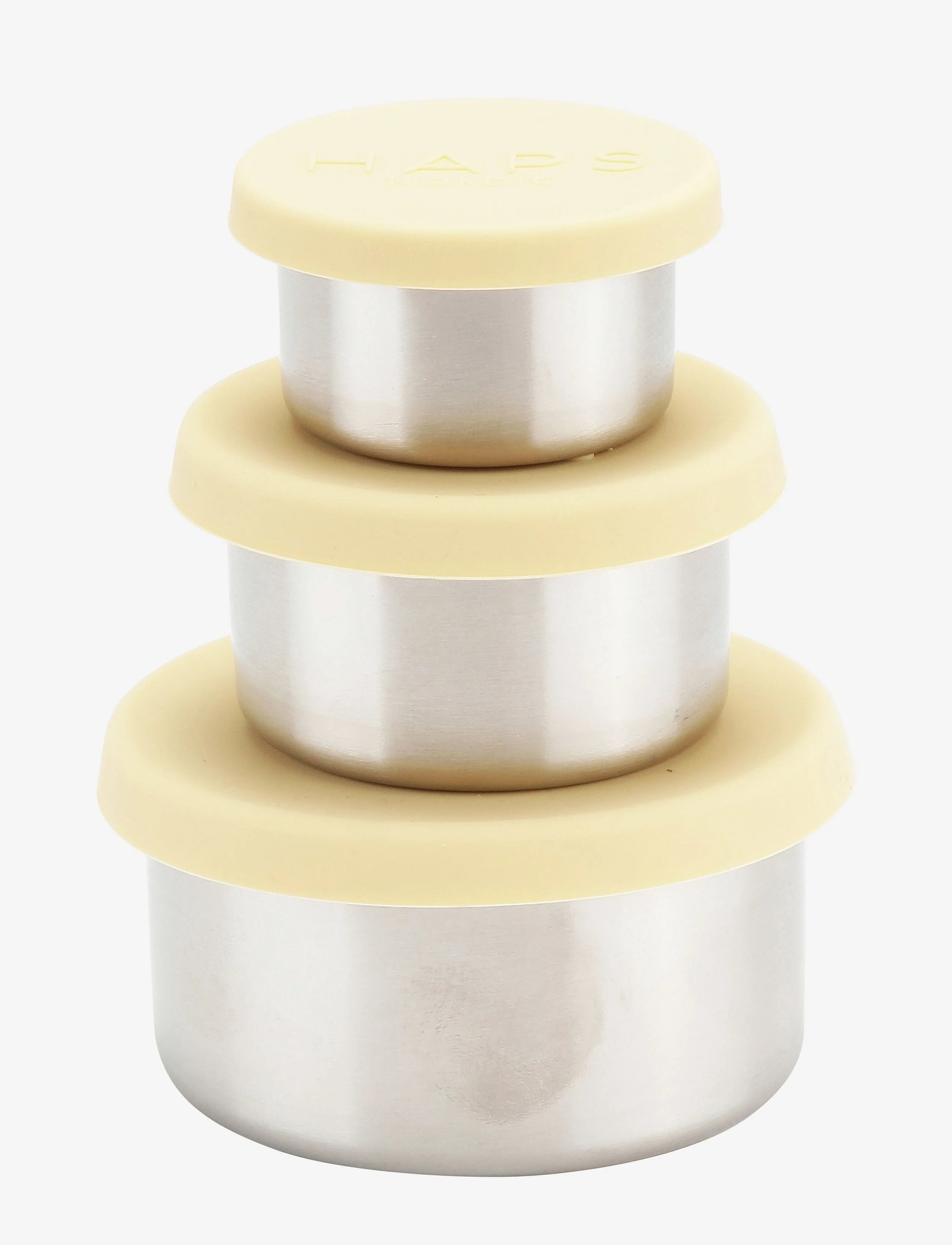 HAPS NORDIC trio S sun light storage containers; 3-pack with stainless steel bodies and pale yellow lids