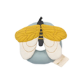 FABELAB bee teething rattle with yellow wings on blue round plush; FABELAB tag