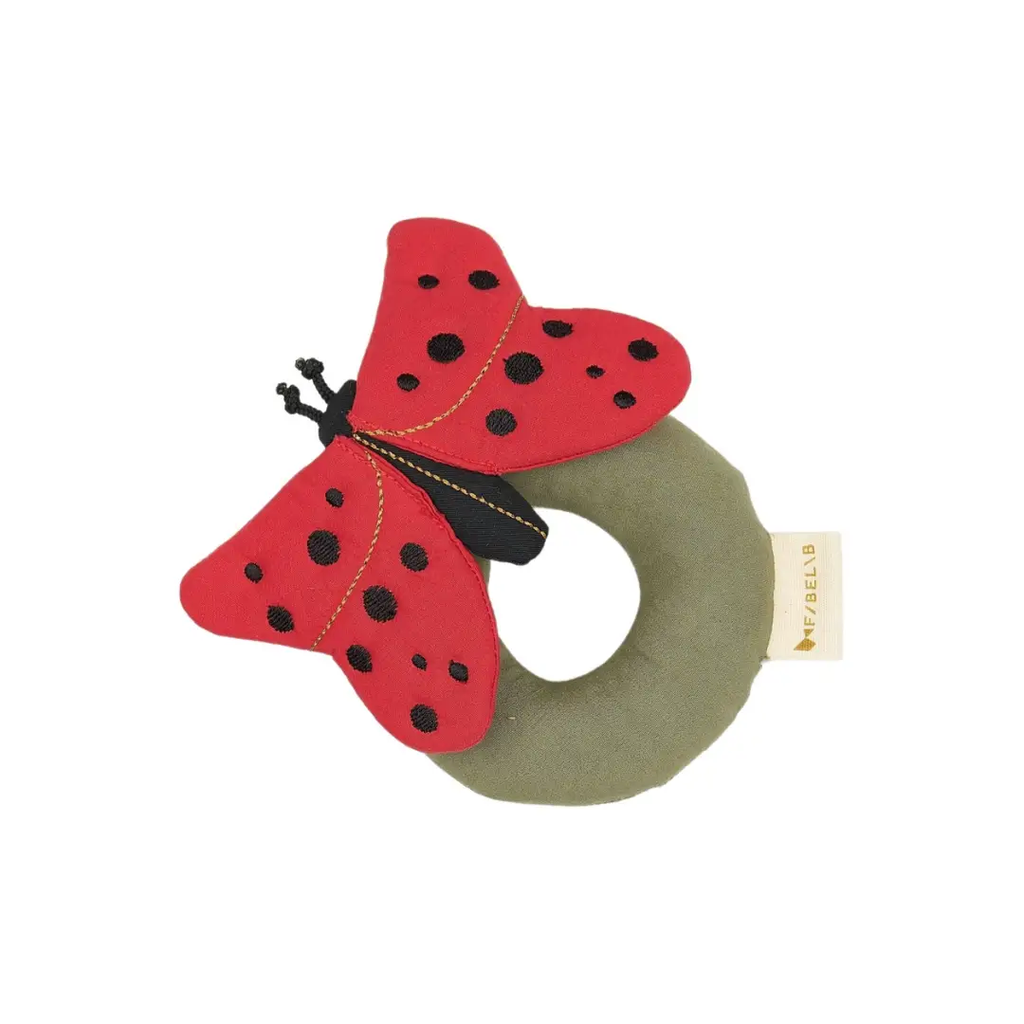 FABELAB hochet coccinelle teething toy with red butterfly wings on an olive ring, Citron Grenadine