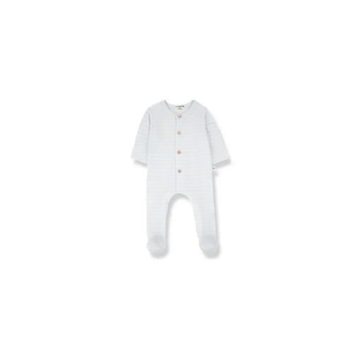 Citron Grenadine baby onesie in pale blue stripes, footed sleepsuit with wooden buttons