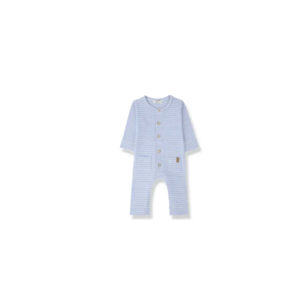 Combi rayée bleue pour bébé, manches et jambes longues, boutons en bois.