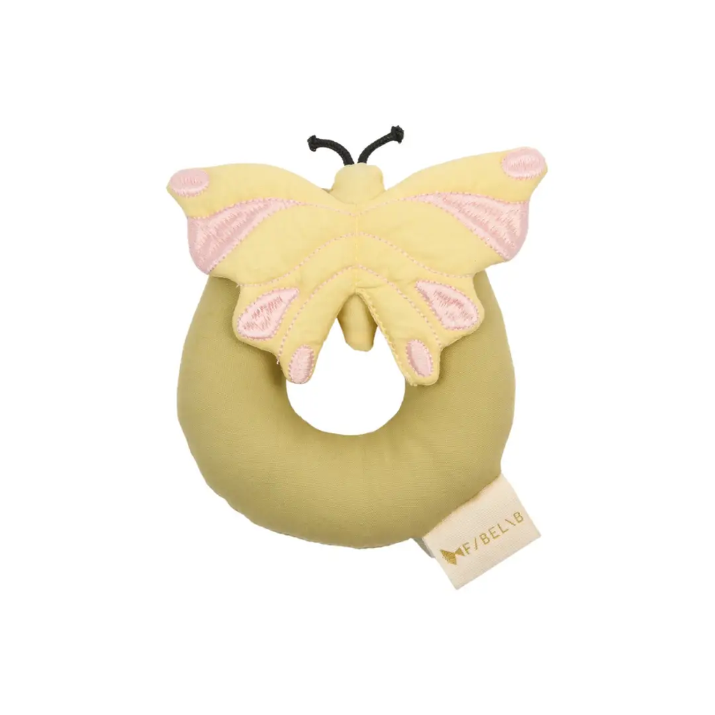 FABELAB hochet papillon teething toy on olive ring, yellow butterfly wings with pink embroidery and visible brand tag