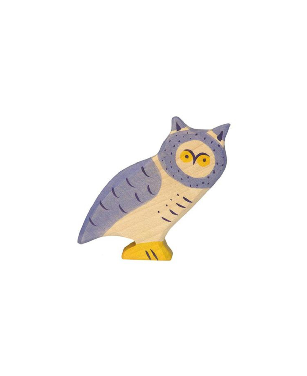 Wooden owl figurine, purple and cream with yellow eyes on a yellow base