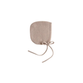 HVID bonnet dolly by Citron Grenadine in sand color, baby knit hat with ties