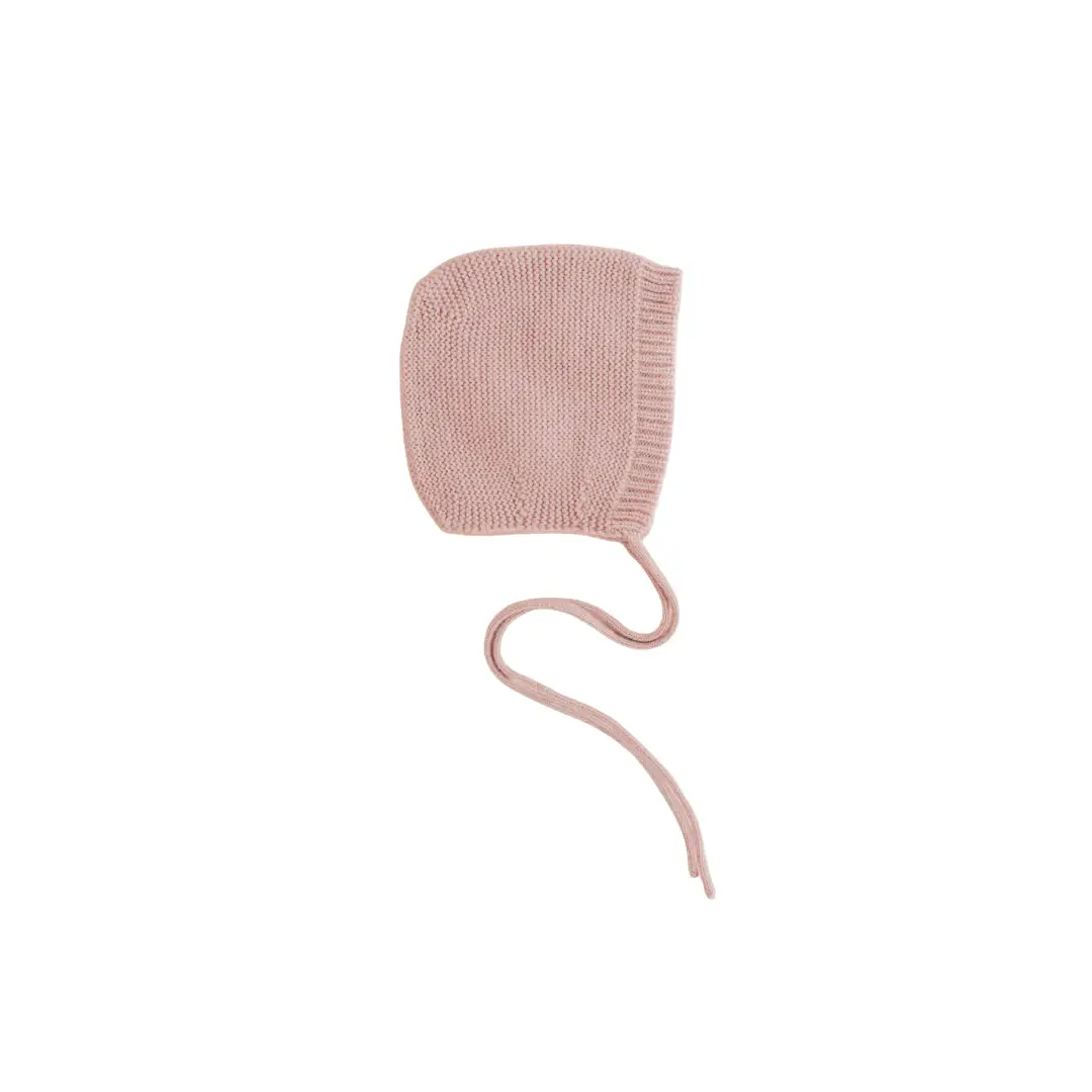 HVID bonnet dolly powder pink knitted baby hat with chin ties by Citron Grenadine