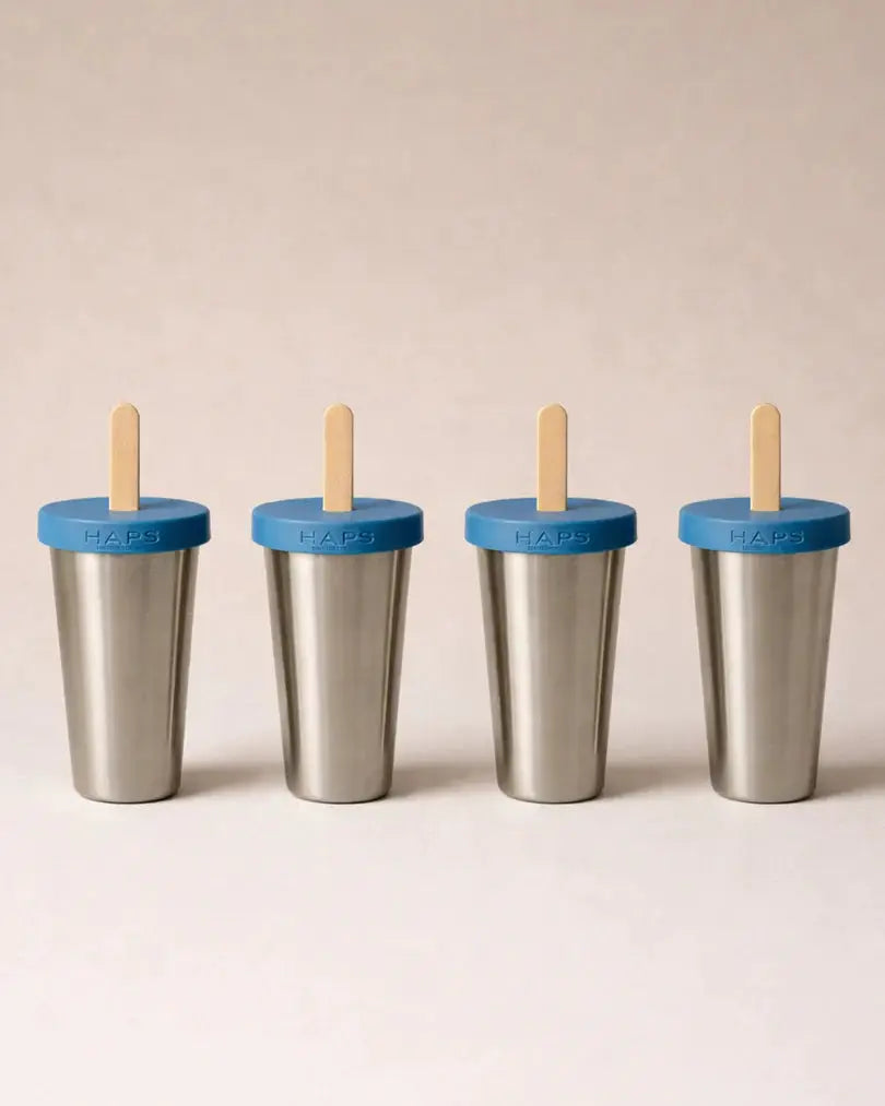 HAPS Nordic ice lolly makers, ocean blue lids, stainless steel molds, set of 4