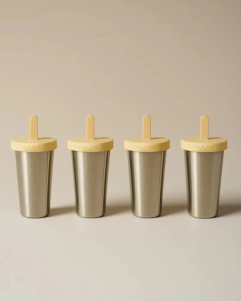 HAPS Nordic ice lolly makers, stainless steel cups with beige lids and wooden sticks, set of 4.