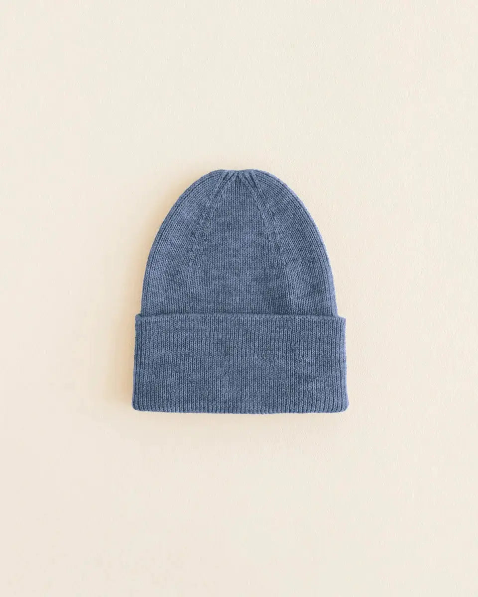 HVID newborn bonnet in denim blue, soft ribbed knit by Citron Grenadine