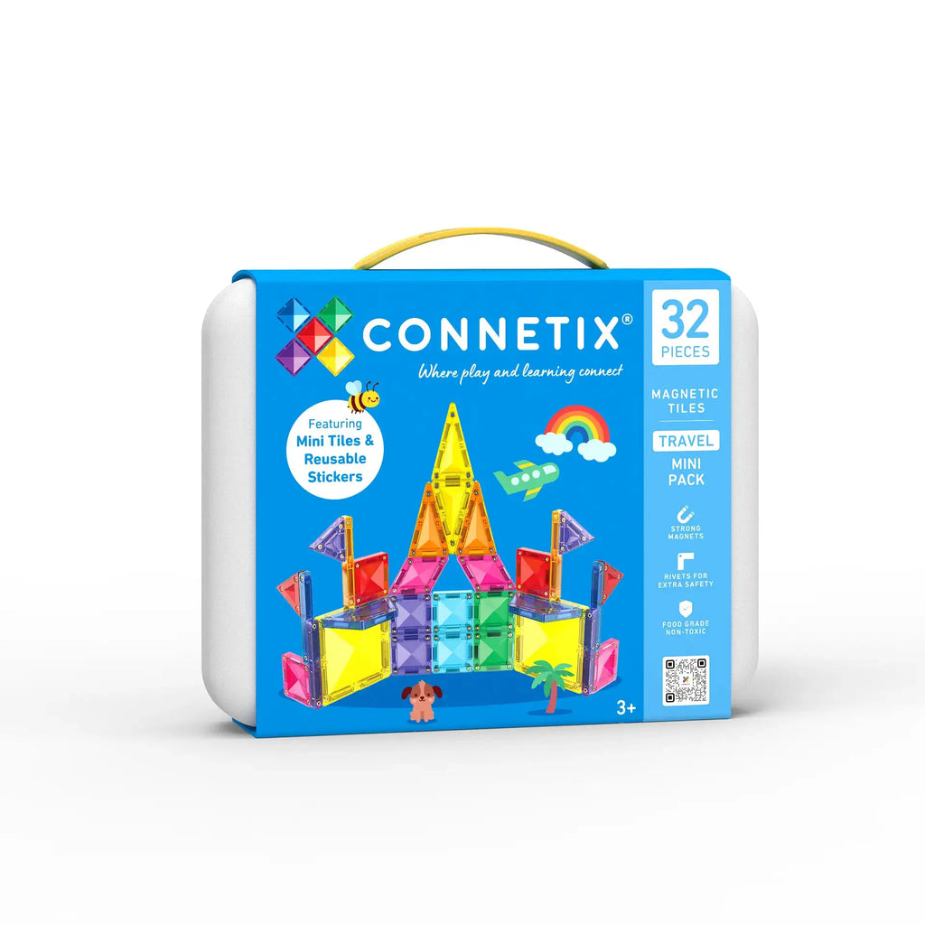 Connetix Travel Mini Pack 32 pcs in a blue tin case with yellow handle and colorful magnetic tiles