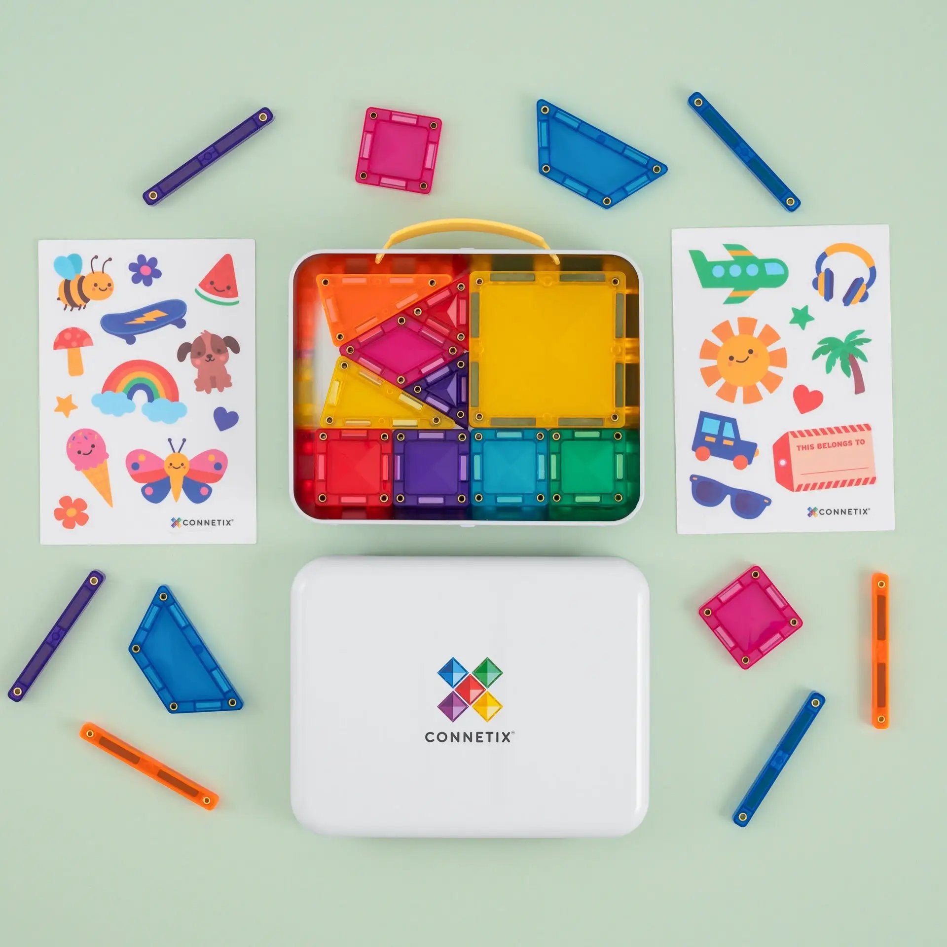 CONNETIX Travel Mini Pack 32pc magnetic building tile set with colorful translucent pieces in a white carrying case