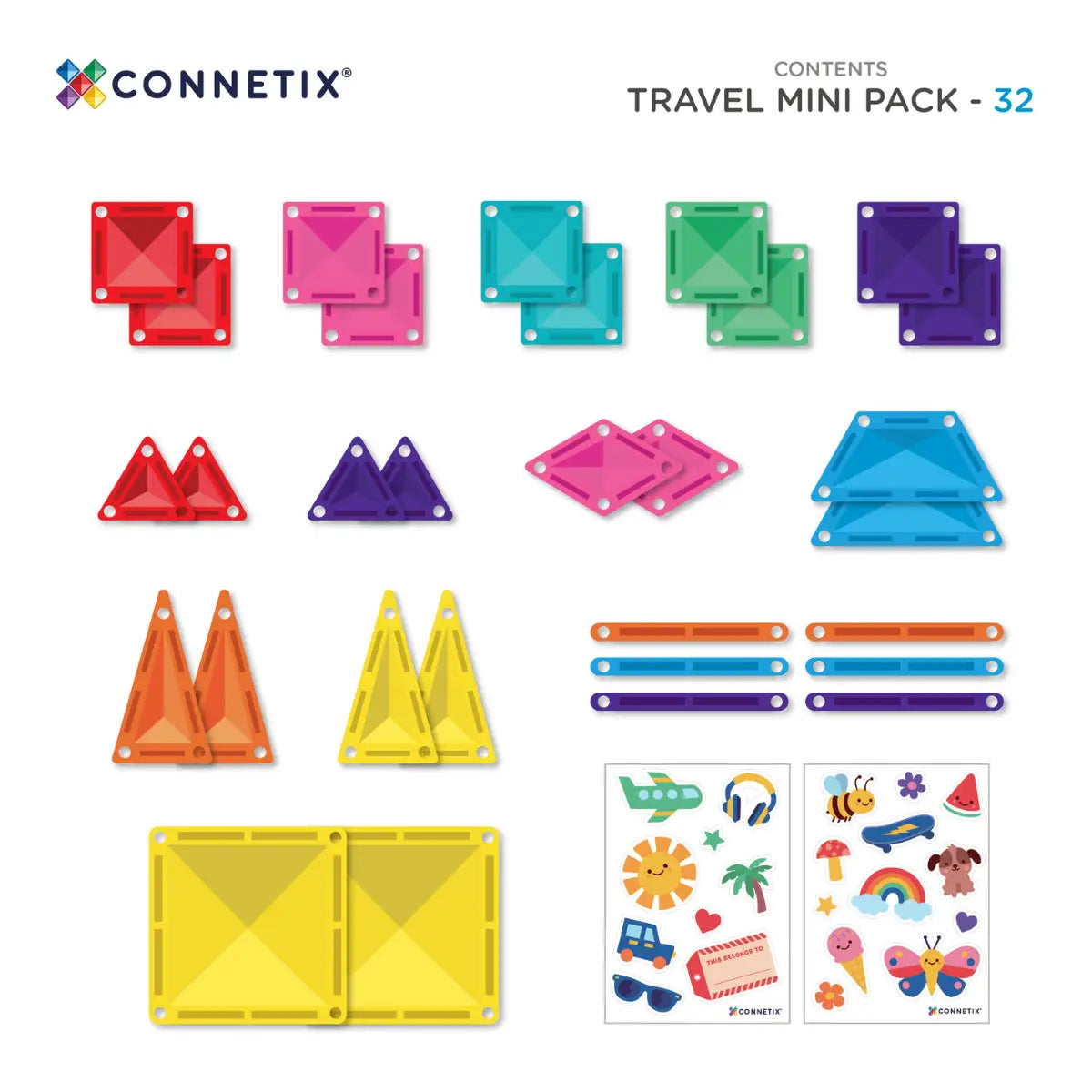 CONNETIX Travel Mini Pack 32pc building blocks; colorful interlocking squares, triangles and bars by Citron Grenadine