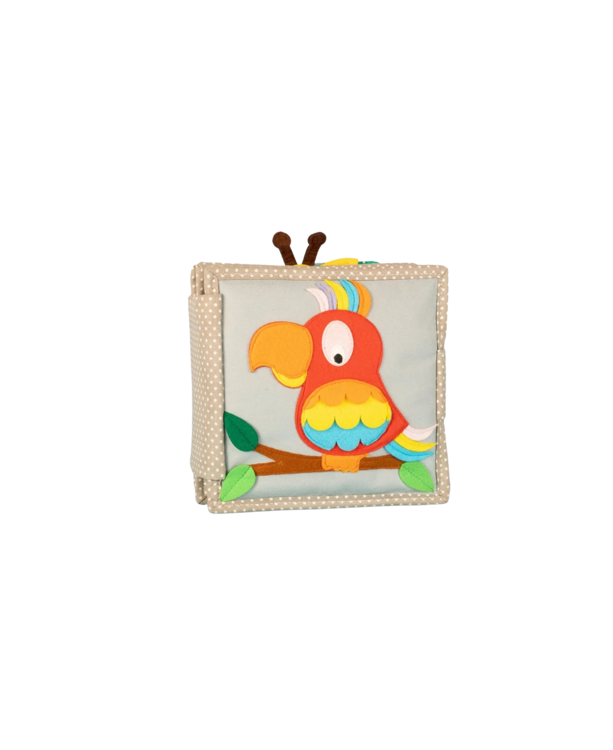 JOLLY DESIGNS livre d'éveil en tissu pour bébé avec perroquet coloré appliqué sur couverture beige à pois