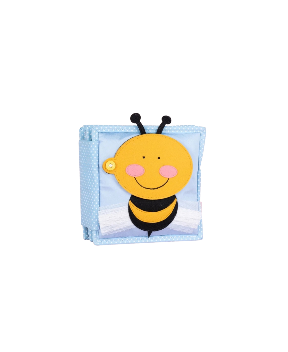 Livre d'éveil en tissu bleu avec abeille jaune souriante appliquée sur la couverture.