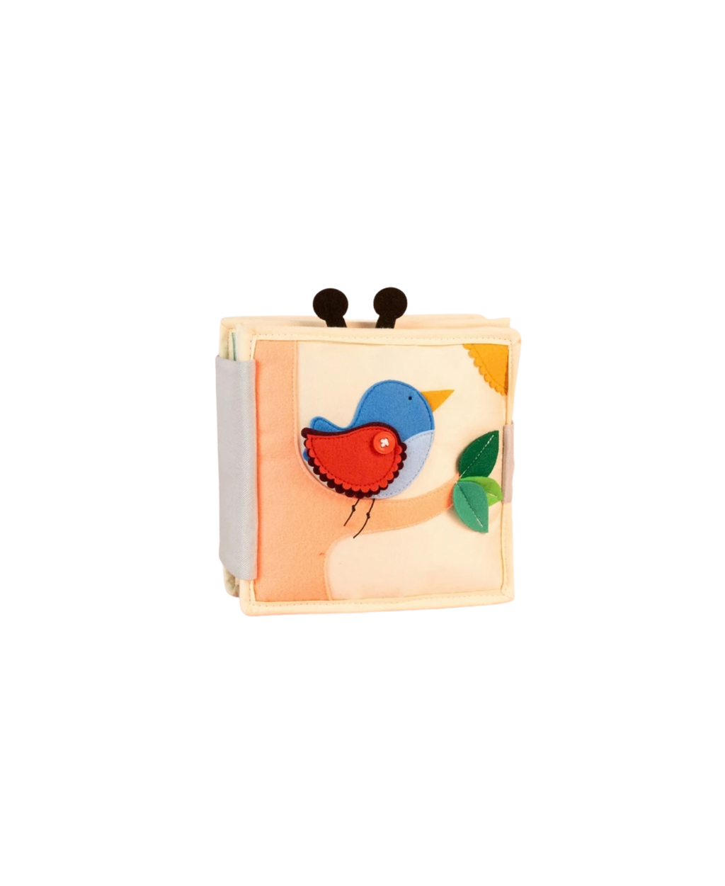 Livre d'éveil en tissu JOLLY DESIGNS avec oiseau bleu et rouge, feuilles et soleil Citron Grenadine