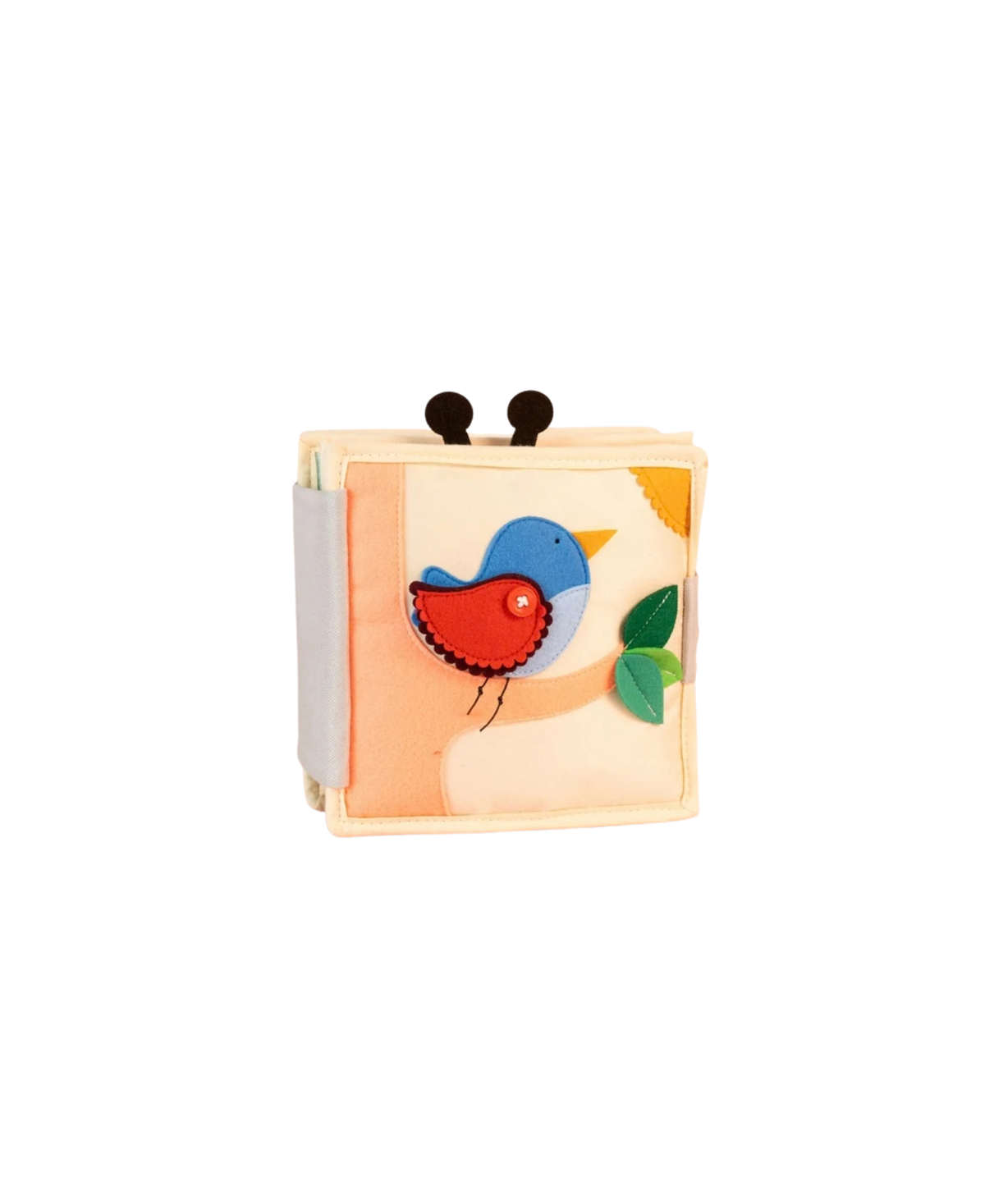 Livre d'éveil en tissu JOLLY DESIGNS avec oiseau bleu et rouge, feuilles et soleil Citron Grenadine