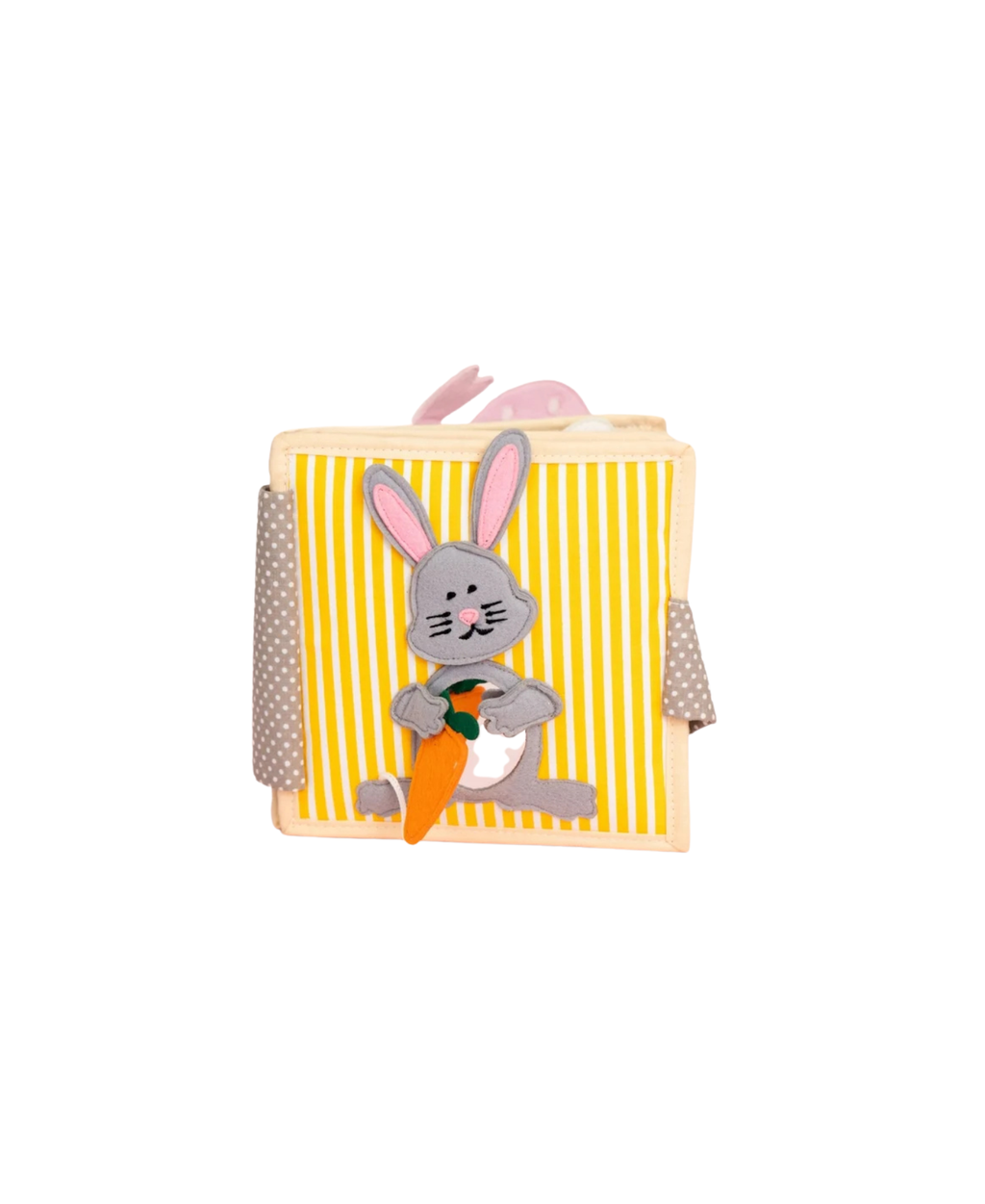 Livre d'éveil bébé JOLLY DESIGNS par Citron Grenadine, lapin gris avec carotte sur fond jaune rayé