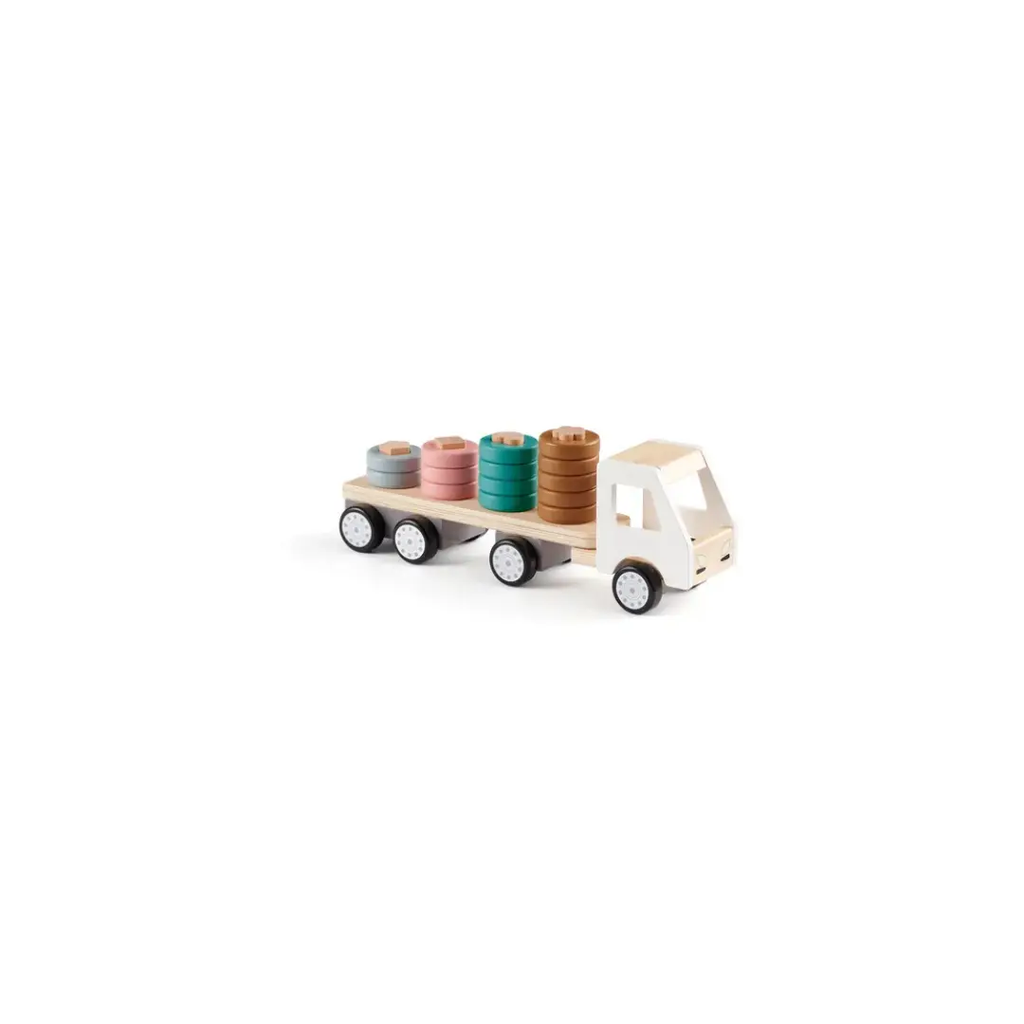 KIDSCONCEPT wooden ring-stacker truck with five pastel rings on the flatbed for 12m+ play