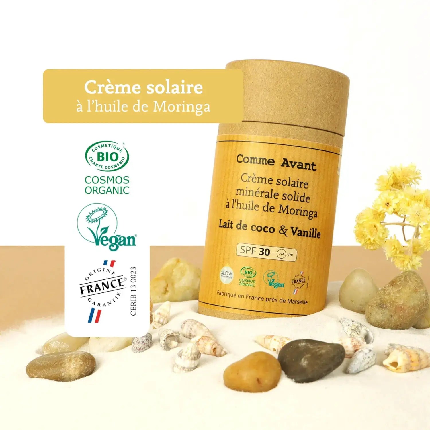 Crème solaire minérale solide COMME AVANT à l'huile de moringa, SPF 30; emballage bois.