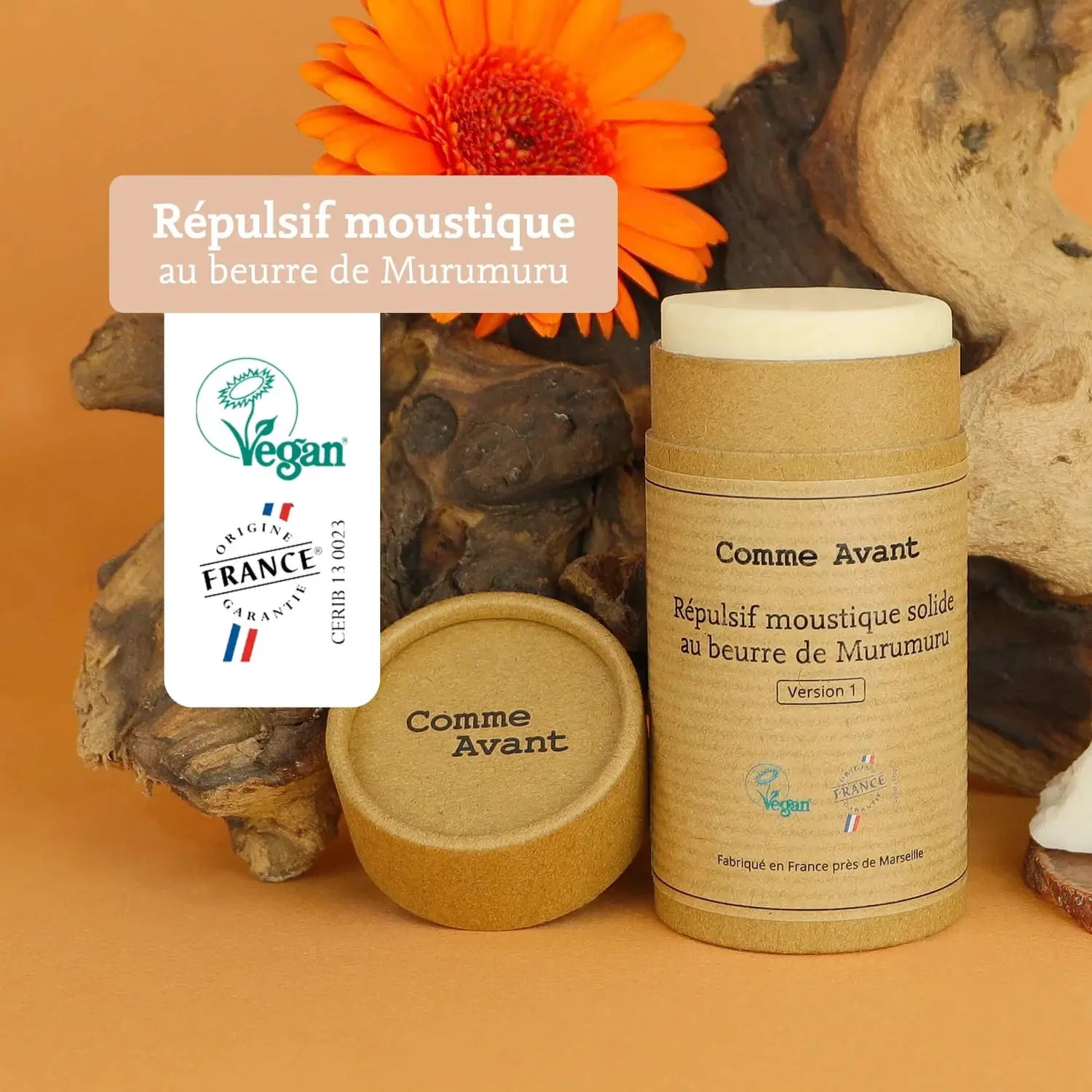 Comme Avant répulsif moustique solide au beurre de Murumuru, emballage kraft, vegan, fabriqué en France