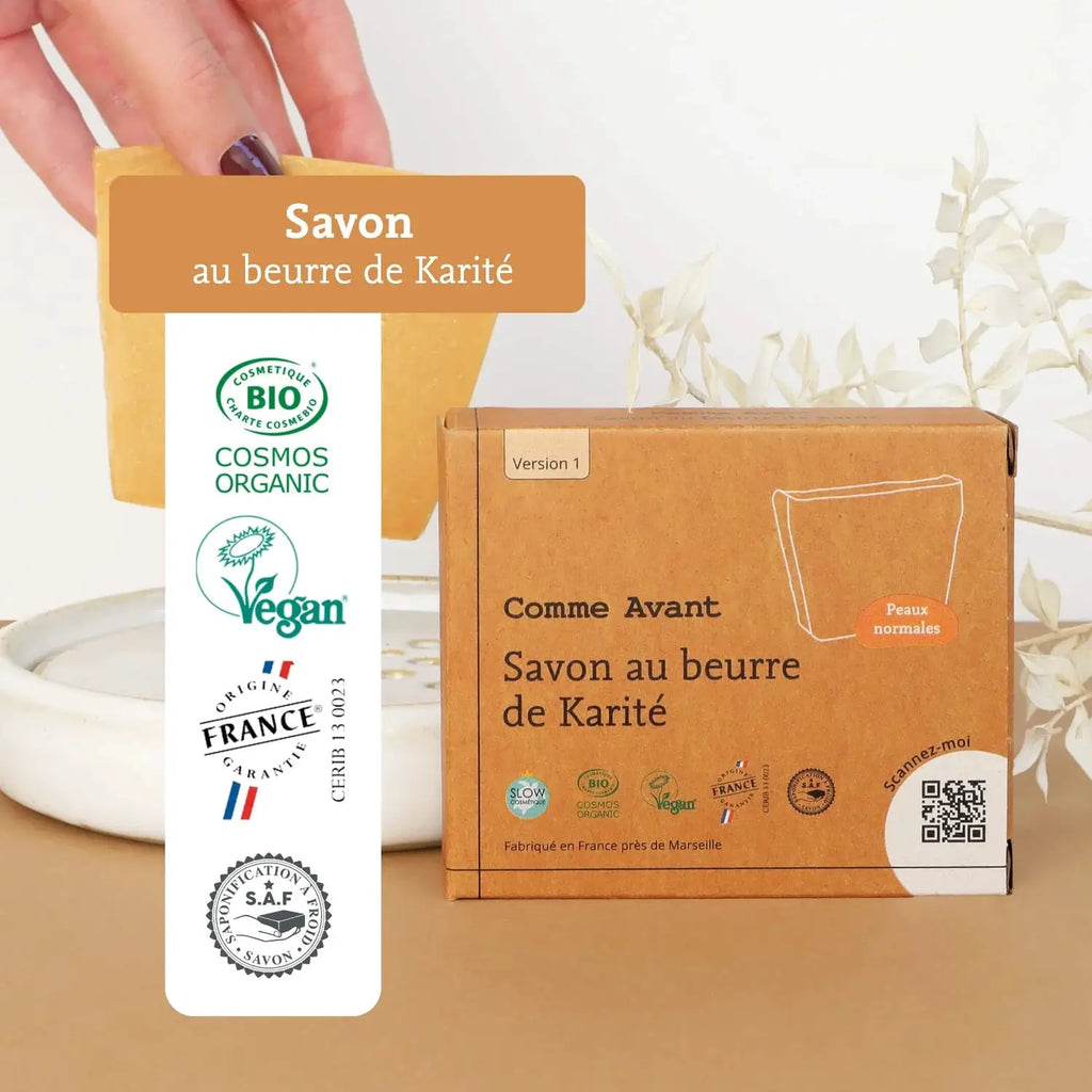 Savon solide au beurre de karité — Comme Avant, Citron Grenadine, emballage kraft avec logos Cosmos Organic et Vegan.