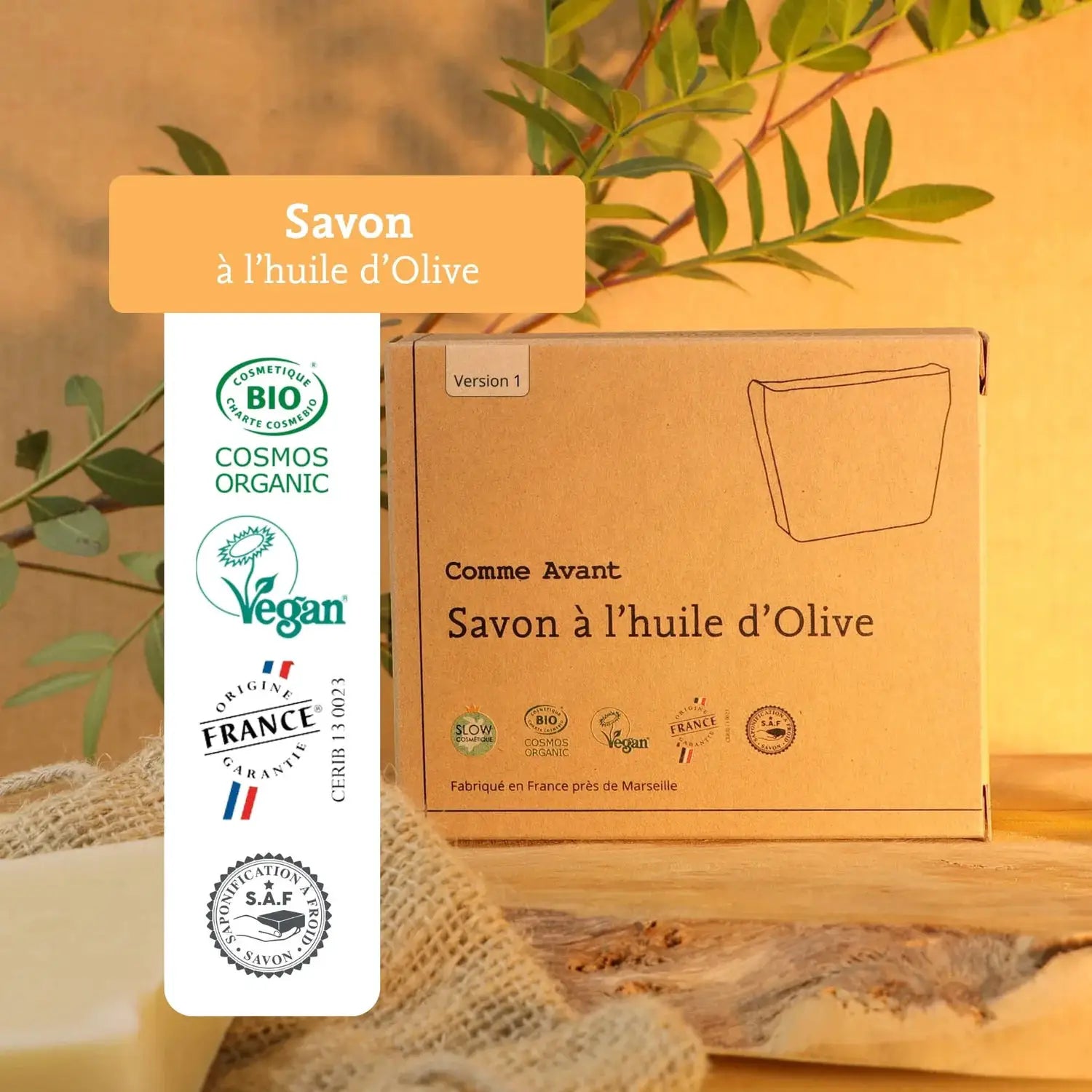 COMME AVANT Savon à l'huile d'olive, savon solide — Citron Grenadine, emballage carton avec Cosmos Organic