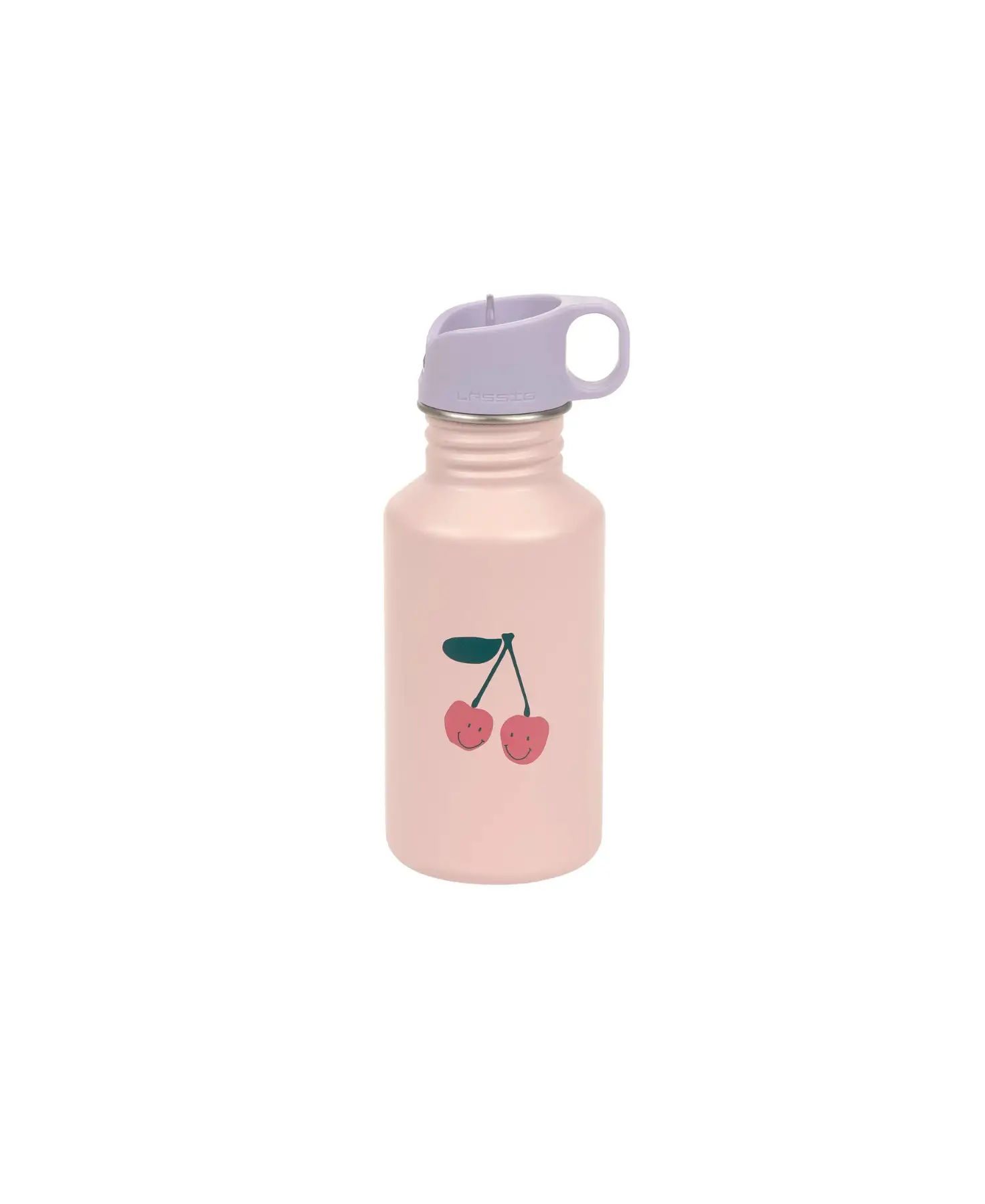 LÄSSIG gourde 500ml pink water bottle with cherry print and purple cap with handle