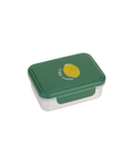 LÄSSIG lunchbox with green lid, yellow lemon illustration and HAPPY FRUITS text