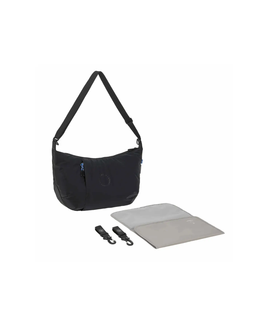 Black LÄSSIG Lunua diaper bag with adjustable strap; includes changing mat and clips by Citron Grenadine