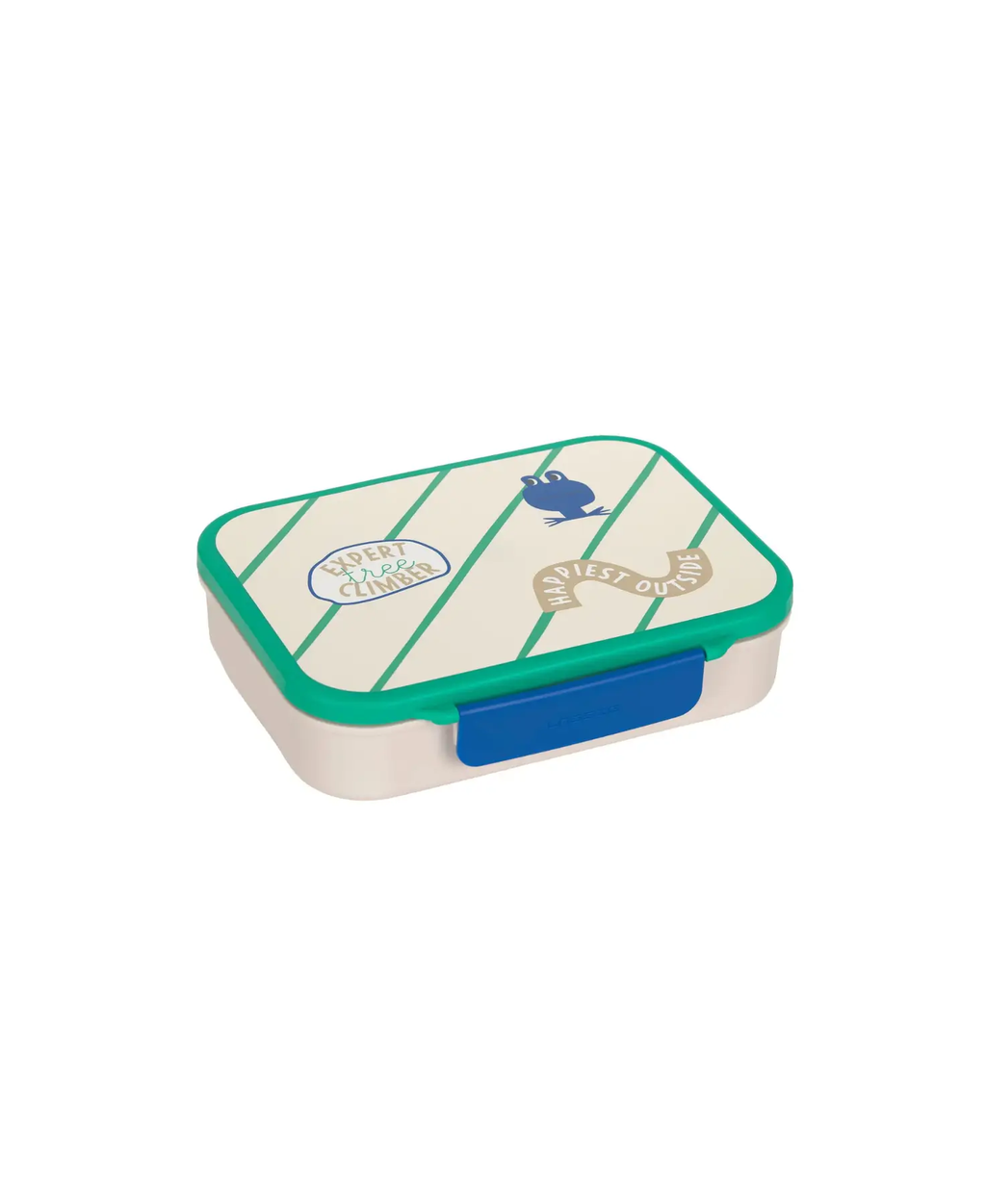 LÄSSIG bento lunchbox Happy Trails frog design; green edging, blue latch, striped lid