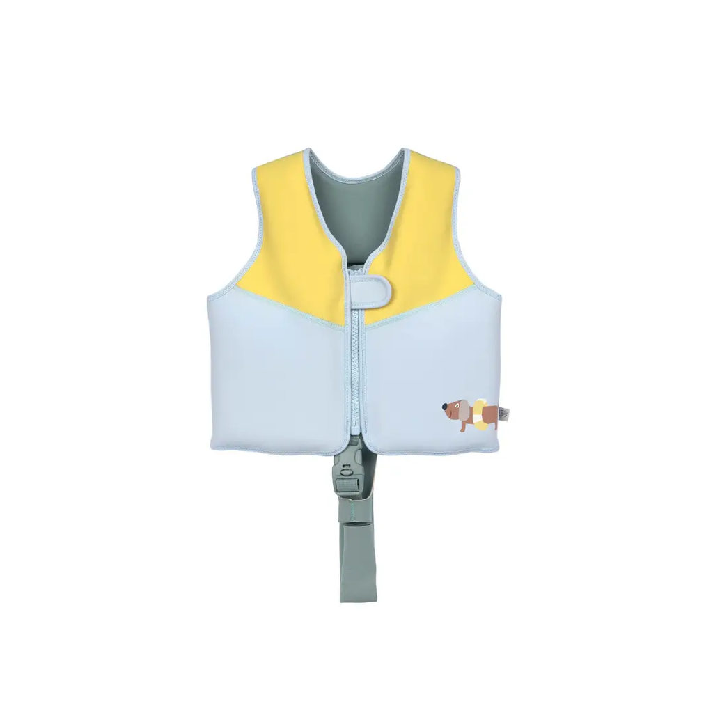 LÄSSIG swim vest in pale blue with yellow shoulders, light blue trim, and a small dog graphic