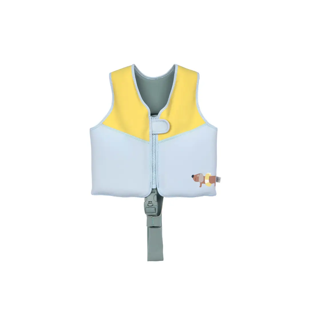 LÄSSIG swim vest in pale blue with yellow shoulders, light blue trim, and a small dog graphic