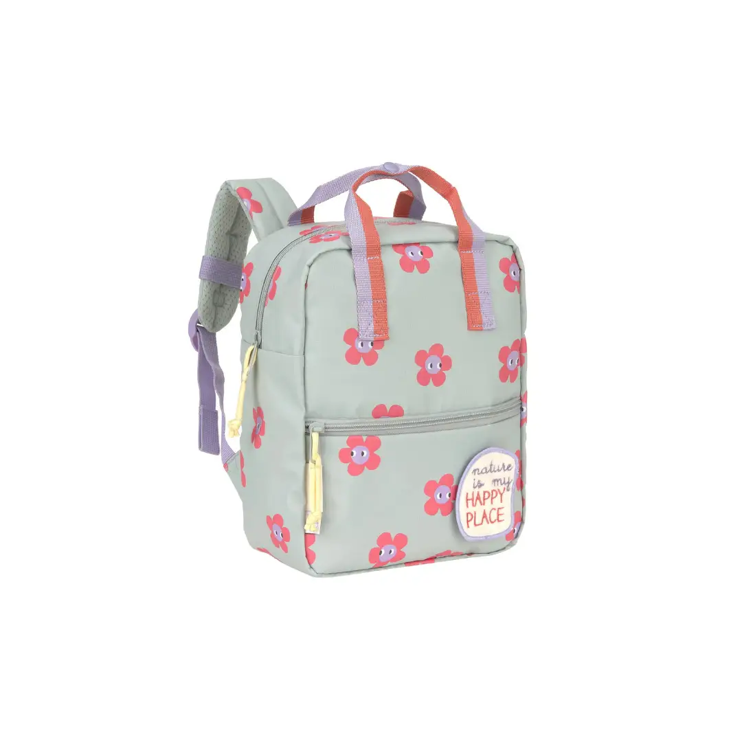 LÄSSIG sac-à-dos mini square backpack by Citron Grenadine; mint green with pink flower print and lavender straps