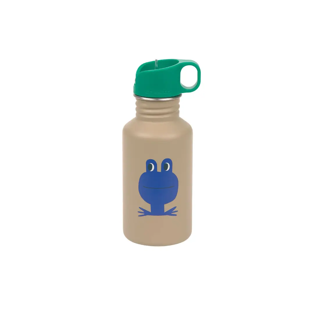 Gourde LÄSSIG 350 ml beige avec grenouille bleue et bouchon vert